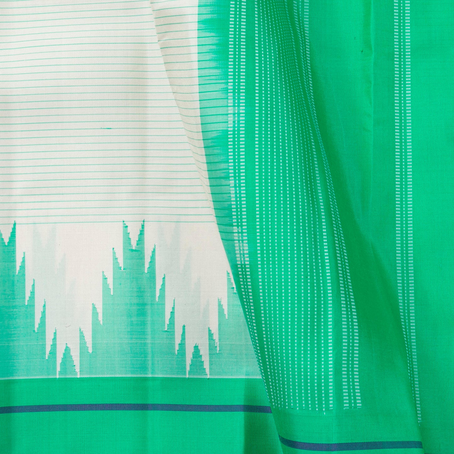 White And Sea Green Kanchipuram Silk Saree No Zari For Festive Wear PV KNN 309