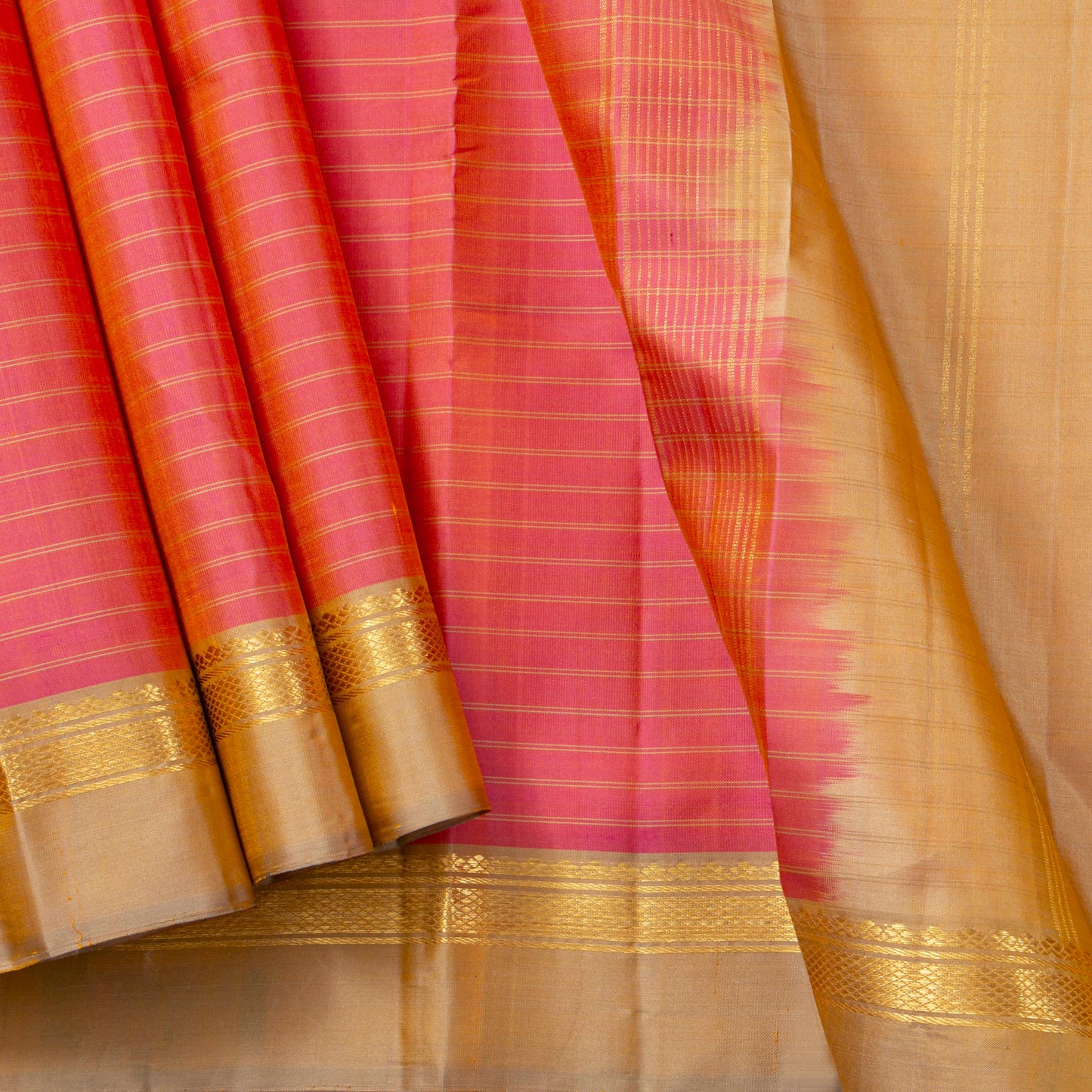 Peach And Beige Kanchipuram Silk Saree For Festive Wear PV KNN 273