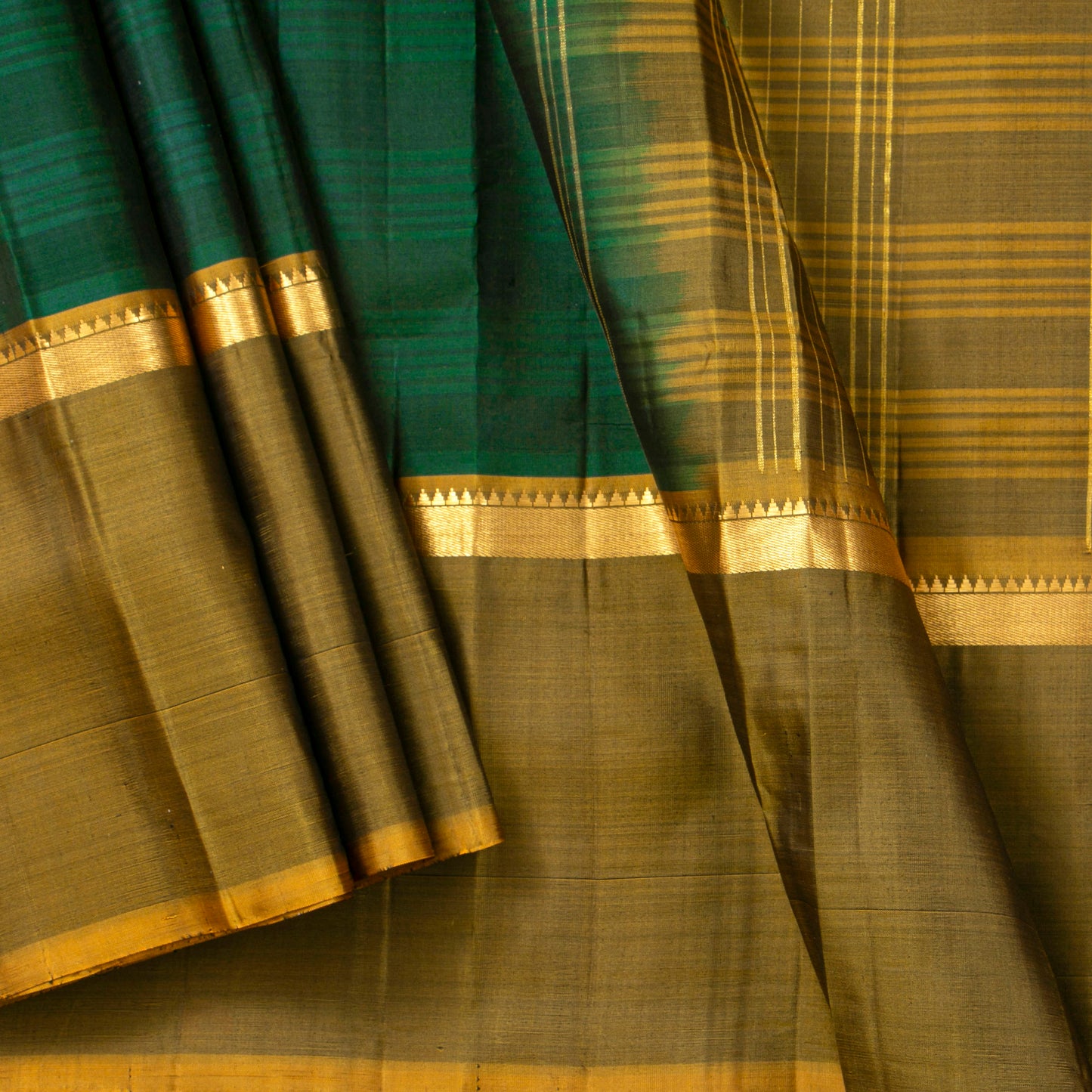 Green And Mustard Kanchipuram Silk Saree For Festive Wear PV KNN 256