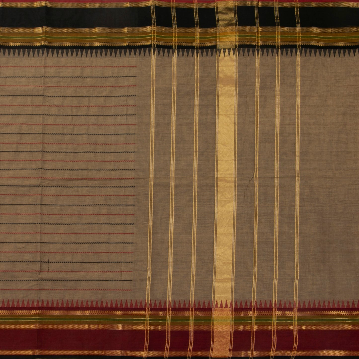 Fawn, Maroon And Black Kanchi Cotton Saree With Ganga Jamuna Border For Festive Wear PV MM KC 610