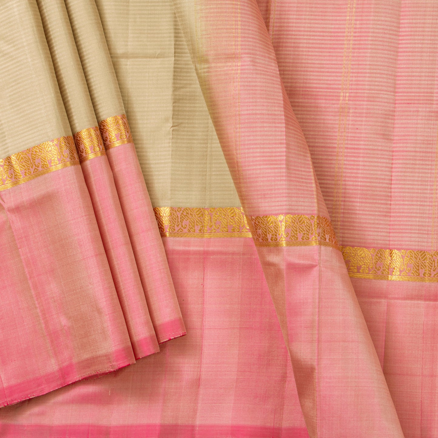 Beige And Pink Kanchipuram Silk Saree For Festive Wear PV KNN 255