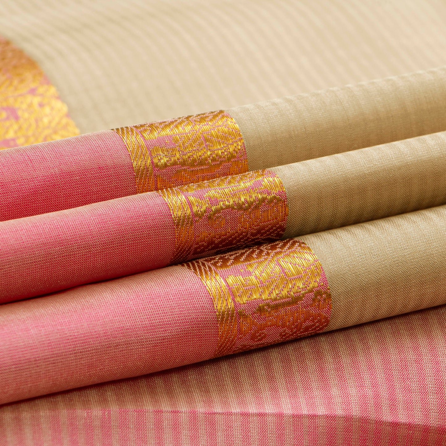 Beige And Pink Kanchipuram Silk Saree For Festive Wear PV KNN 255