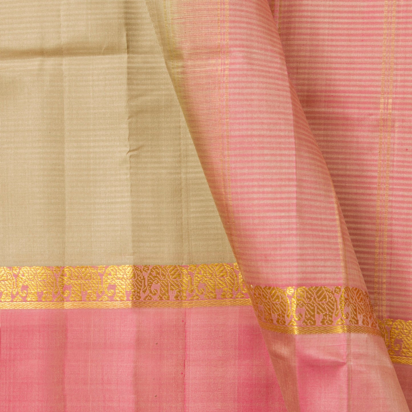 Beige And Pink Kanchipuram Silk Saree For Festive Wear PV KNN 255
