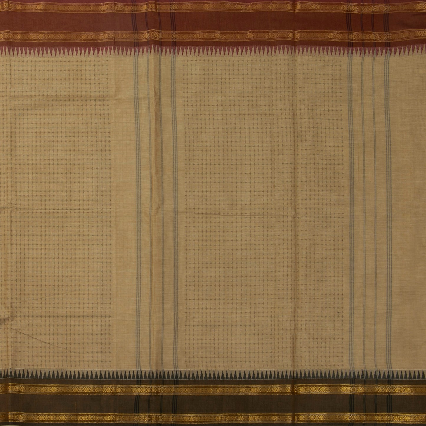 Beige Kanchi Cotton Saree With Ganga Jamuna Temple Rettai Pettu Border PV MM KC 615