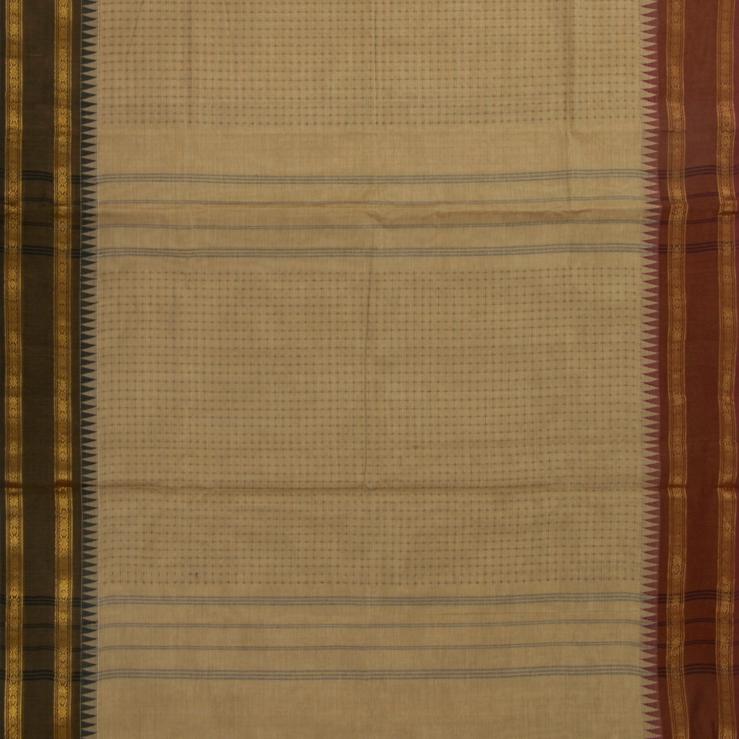 Beige Kanchi Cotton Saree With Ganga Jamuna Temple Rettai Pettu Border PV MM KC 615