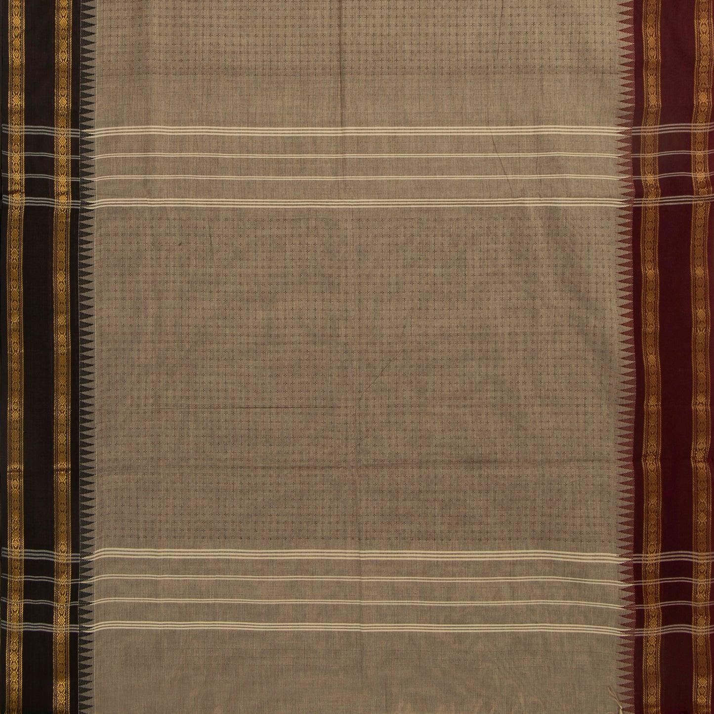 Fawn Kanchi Cotton Saree With Ganga Jamuna Temple Rettai Pettu Border PV MM KC 616