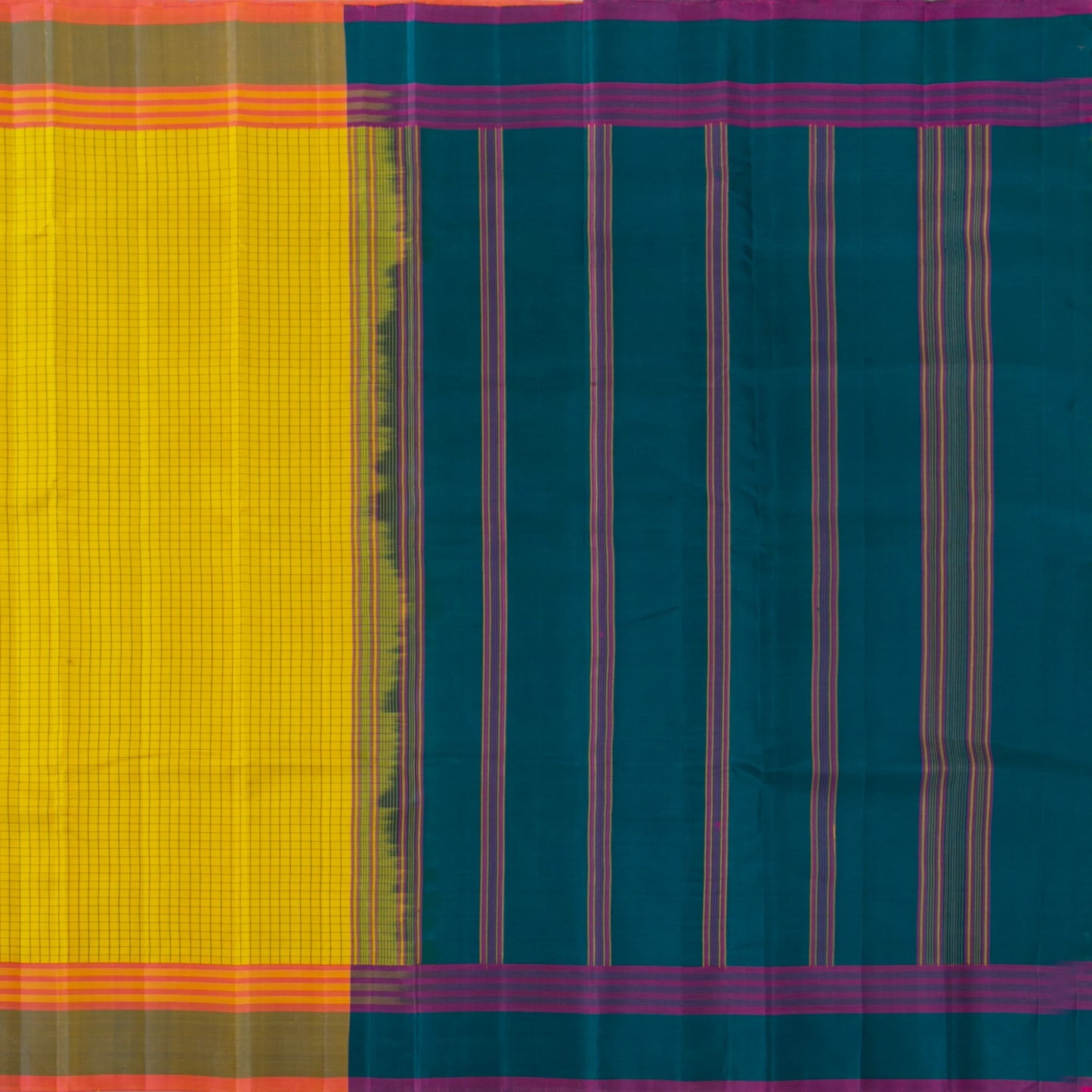 Yellow And BlueKanchipuram Silk Saree No Zari For Festive Wear PV KNN 272