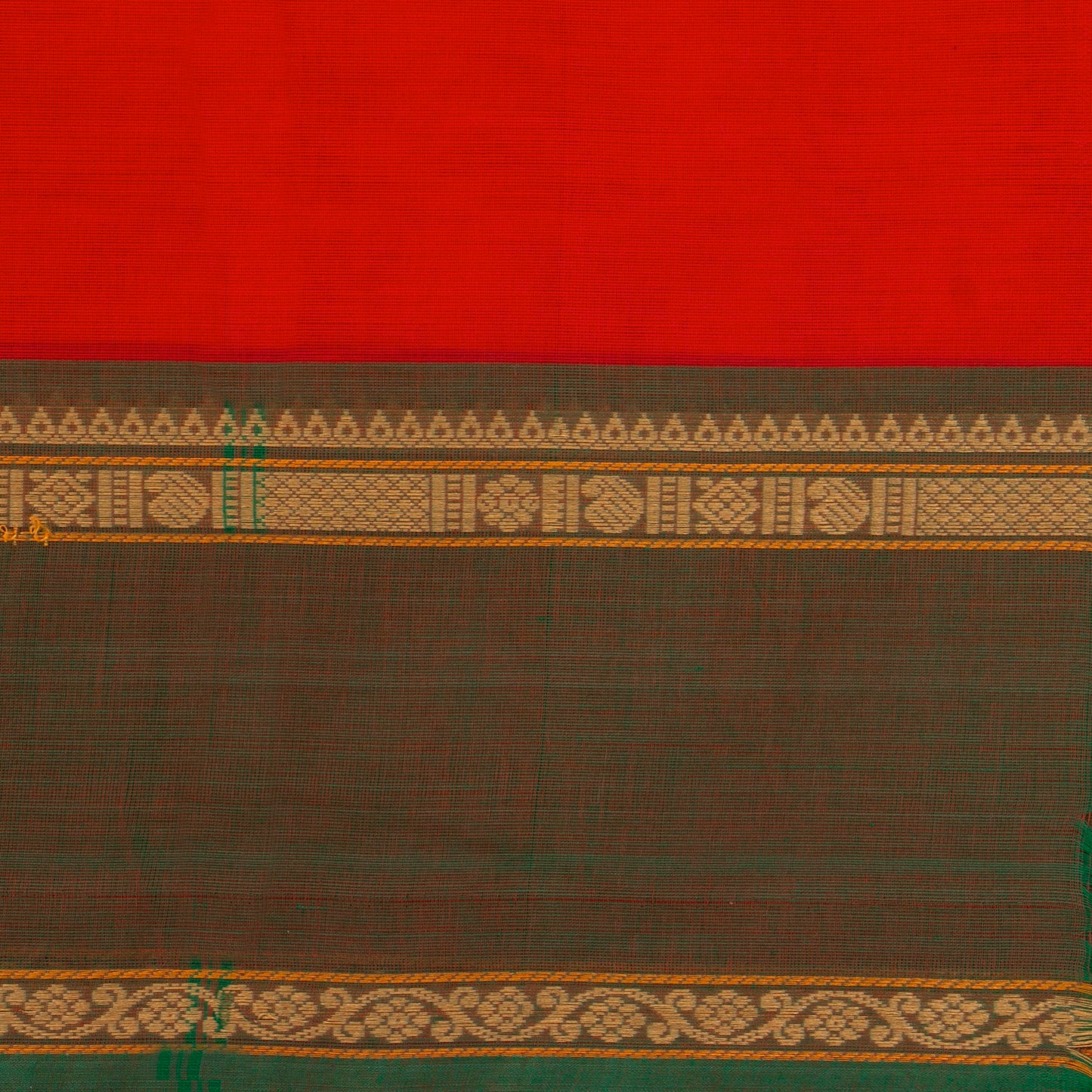Red And Green Kanchi Cotton Saree With Zari Border For Office Wear PV MM KC 660