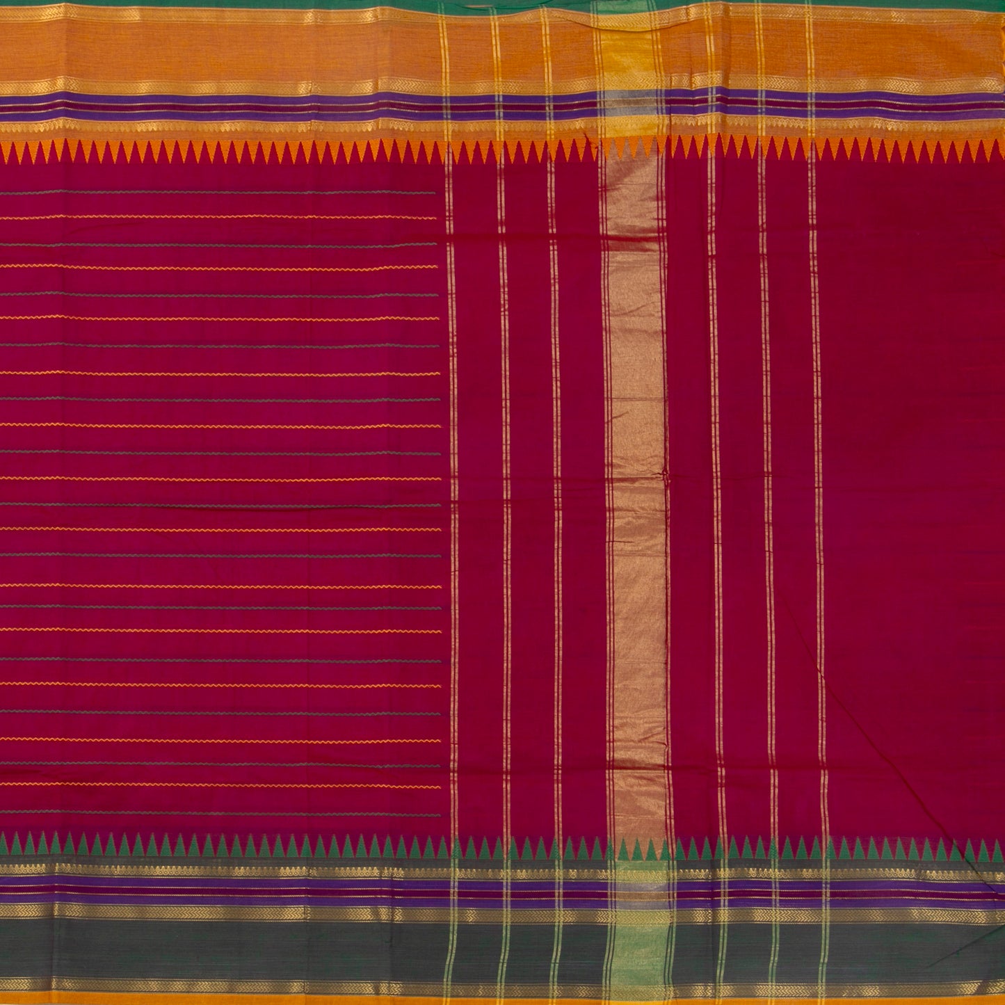 Pink, Green And Mustard Kanchi Cotton Saree With Ganga Jamuna Border And Veldhari Stripes PV MM KC 624
