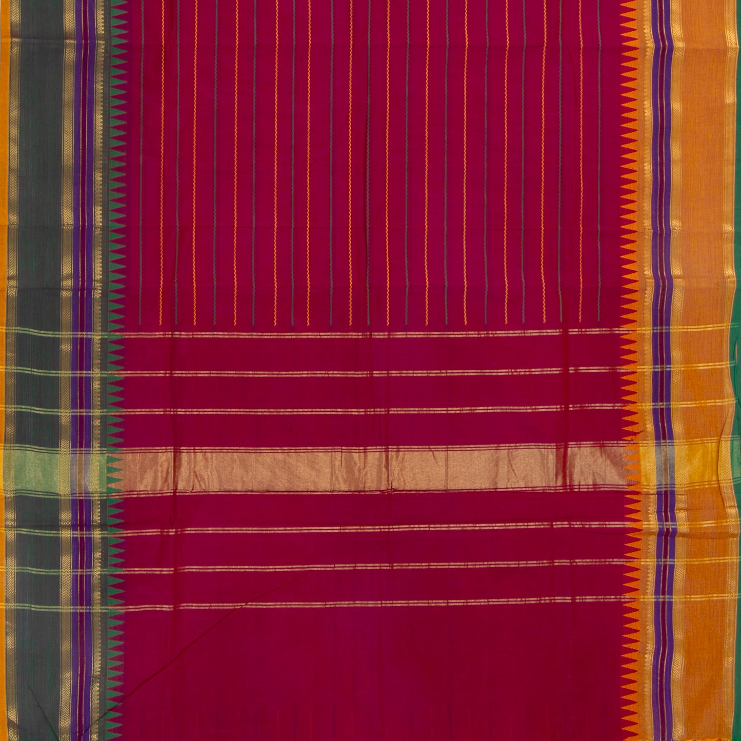 Pink, Green And Mustard Kanchi Cotton Saree With Ganga Jamuna Border And Veldhari Stripes PV MM KC 624