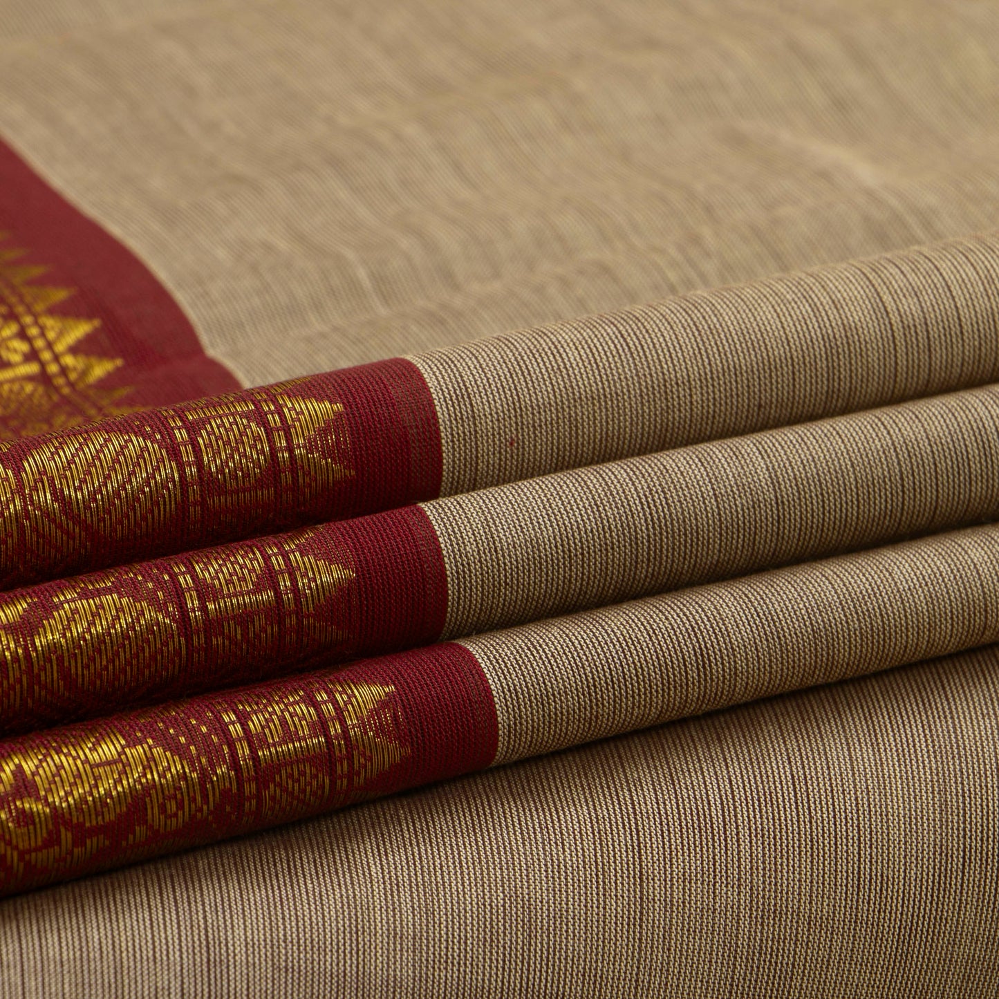 Light Brown And Red Kanchi Cotton Saree With Zari Border For Festive Wear PV MM KC 344