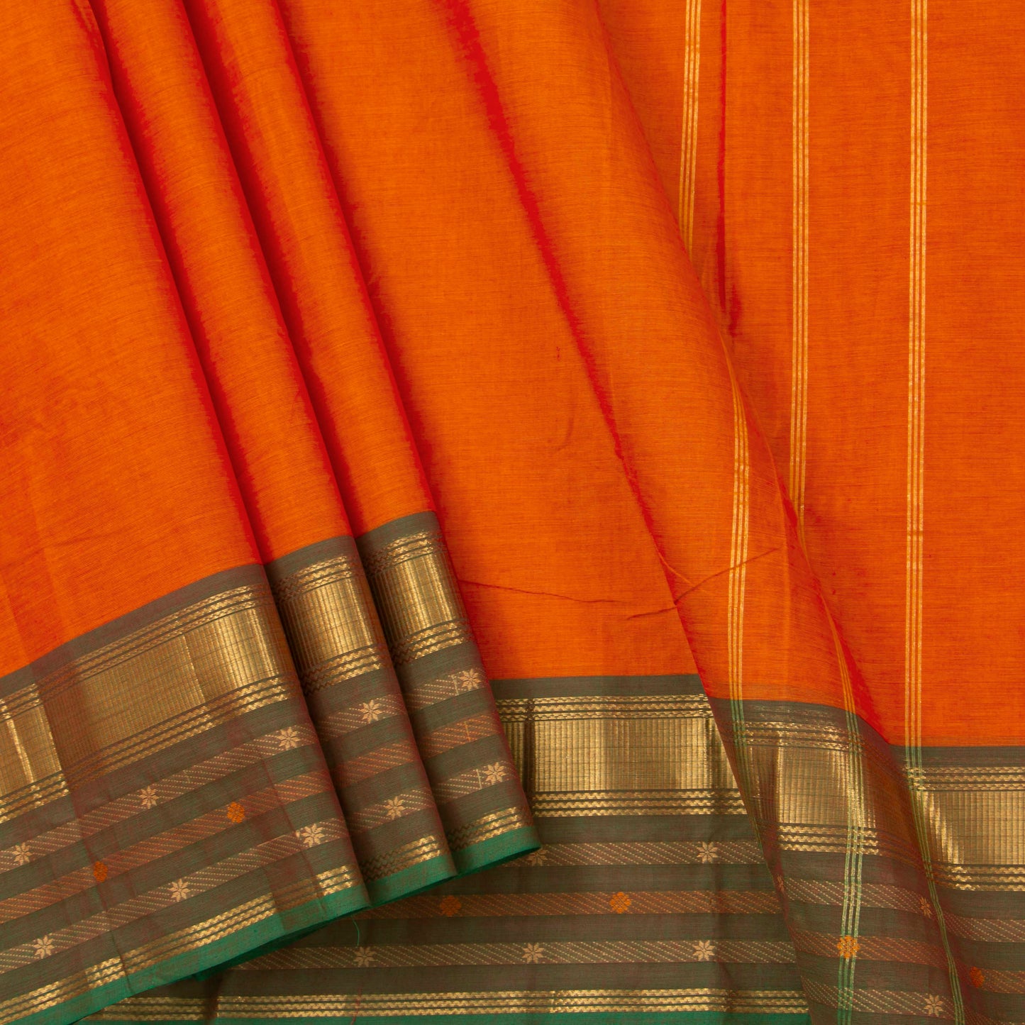 Orange And Olive Green Kanchi Cotton Saree With Ganga Jamuna Border For Festive Wear PV MM KC 346