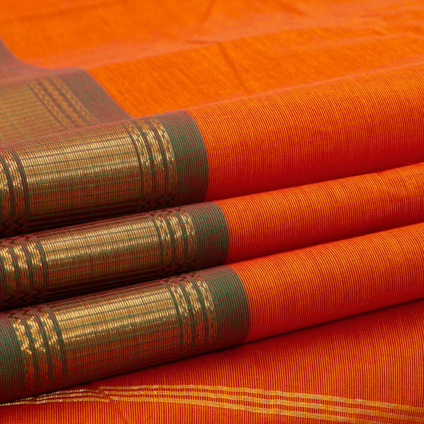 Orange And Olive Green Kanchi Cotton Saree With Ganga Jamuna Border For Festive Wear PV MM KC 346