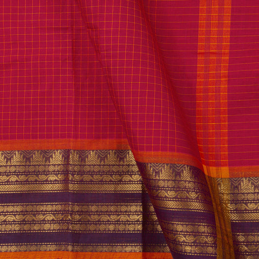 Scarlet Red And Mauve Kanchi Cotton Saree With Zari For Festive Wear PV MM KC 380 - Cotton Saree - Panjavarnam PV MM KC 380