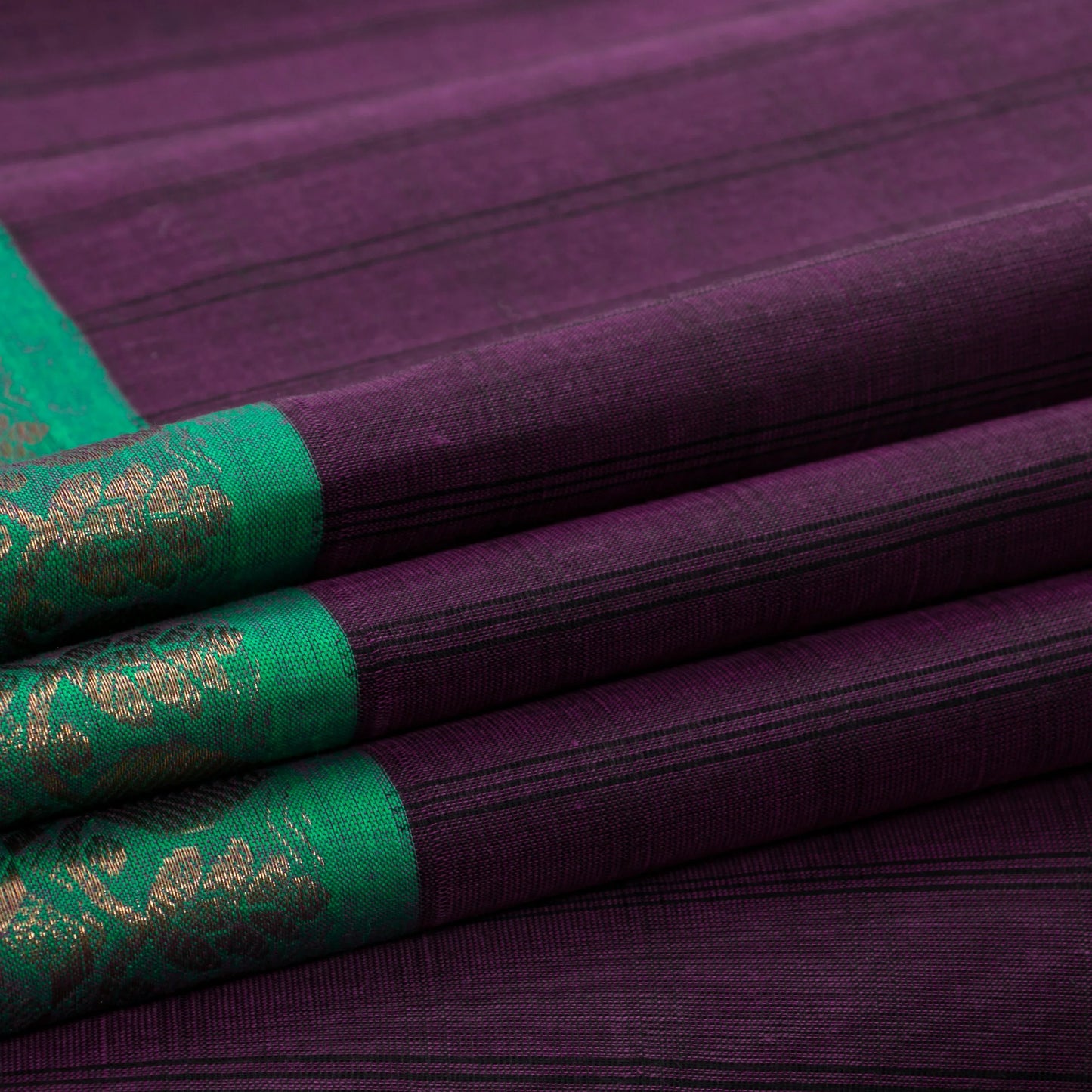 Purple And Teal Kanchi Cotton Saree With Zari Border For Office Wear PV MM KC 376