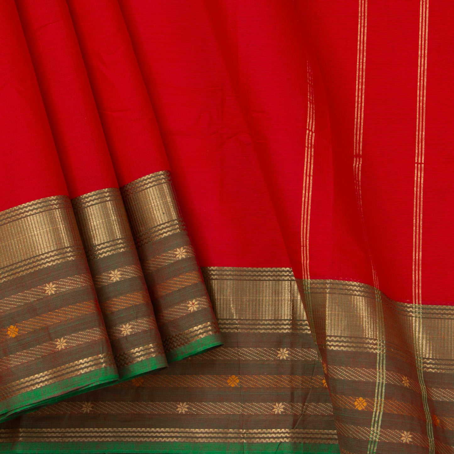 Red, Maroon And Olive Kanchi Cotton Saree For Festive Wear PV MM KC 337