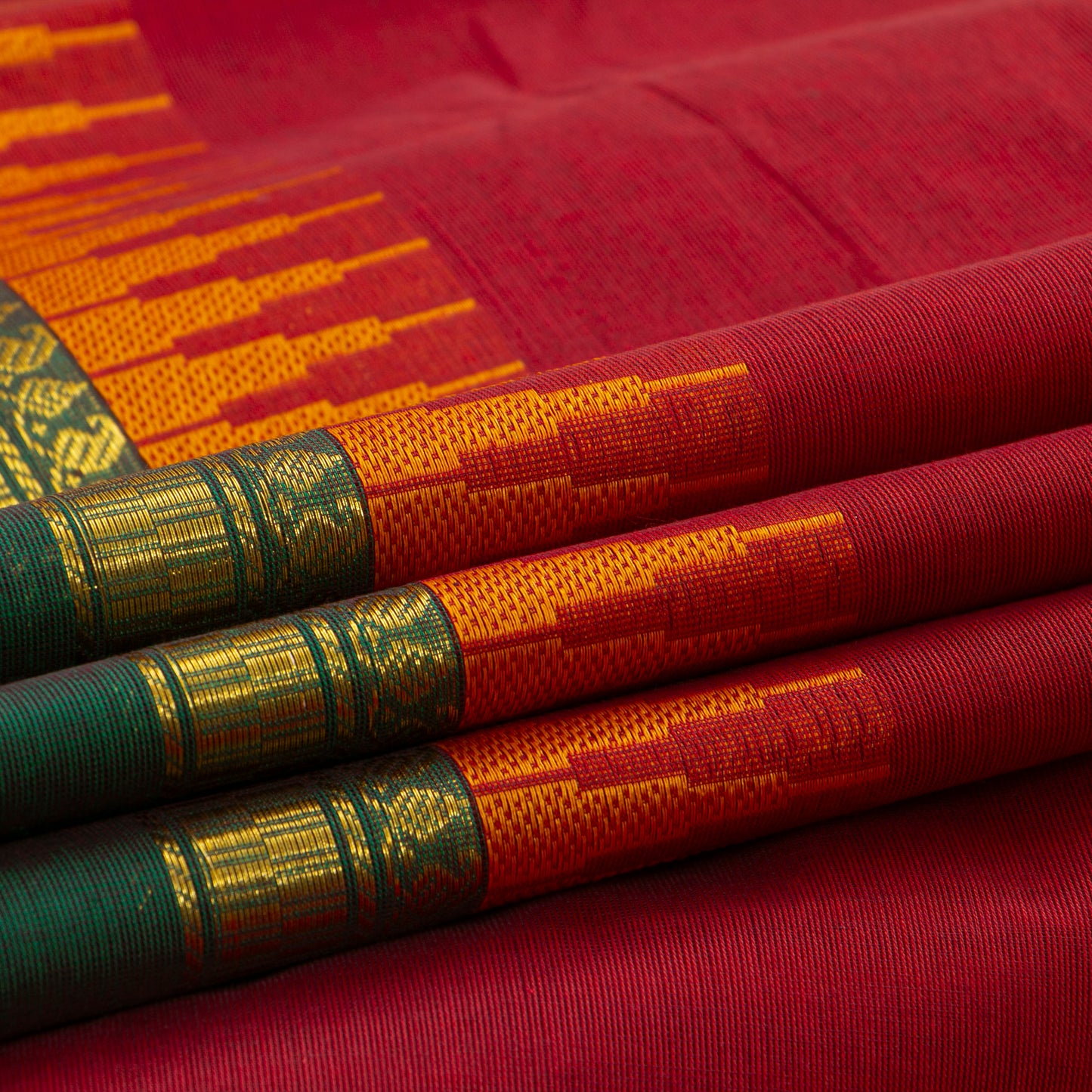 Red And Green Kanchi Cotton Saree With A Temple Border For Festive Wear PV MM KC 338