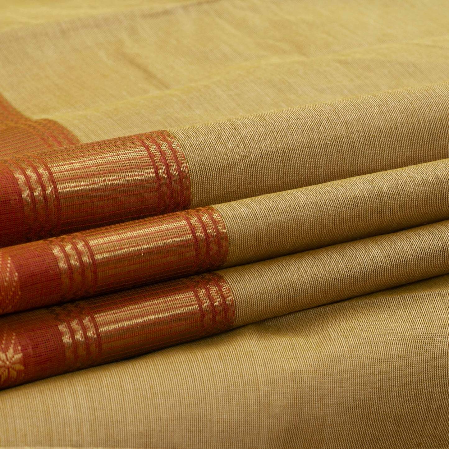 Beige, Olive And Rust Kanchi Cotton Saree With Ganga Jamuna Border For Office Wear PV MM KC 349