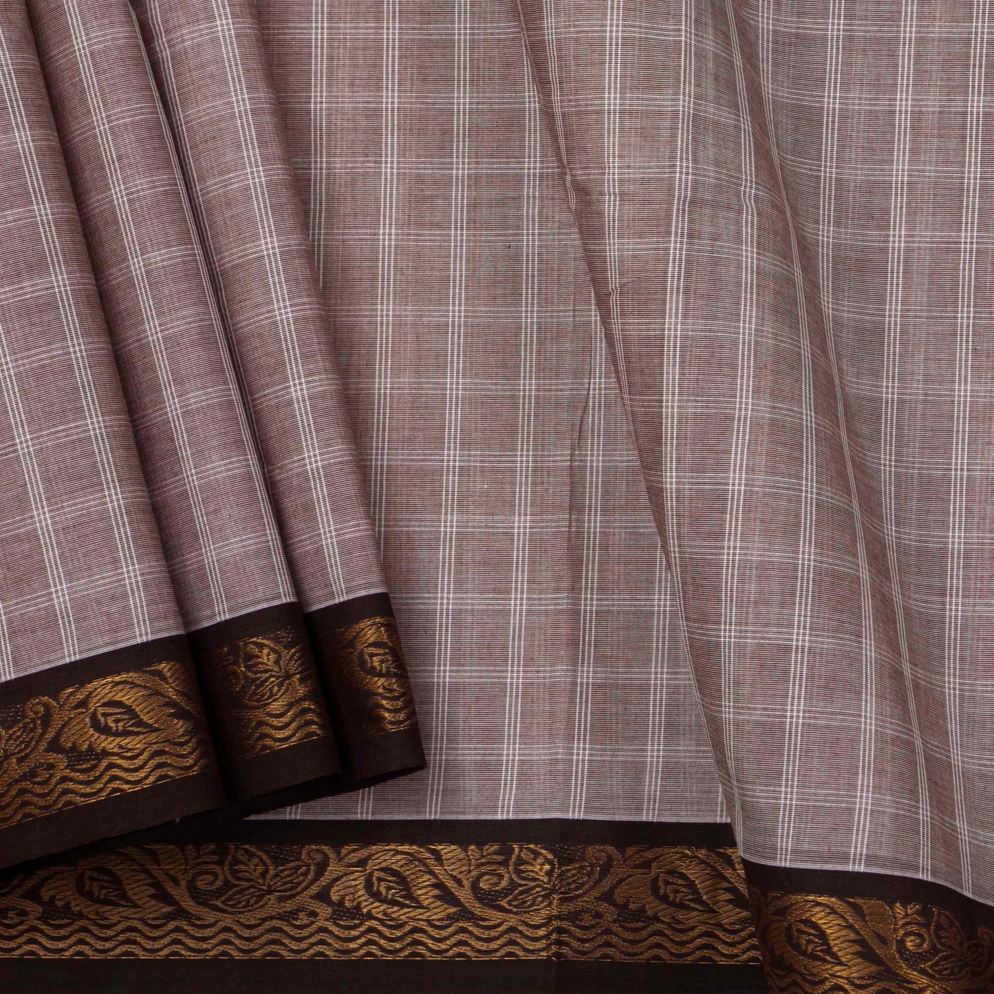 Beige And Brown Checked Kanchi Cotton Saree For Office Wear PV M KC 351