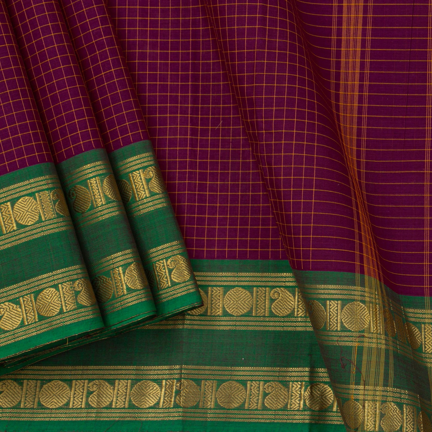 Purple And Green Kanchi Cotton Saree With Checks For Festive Wear PV MM KC 363