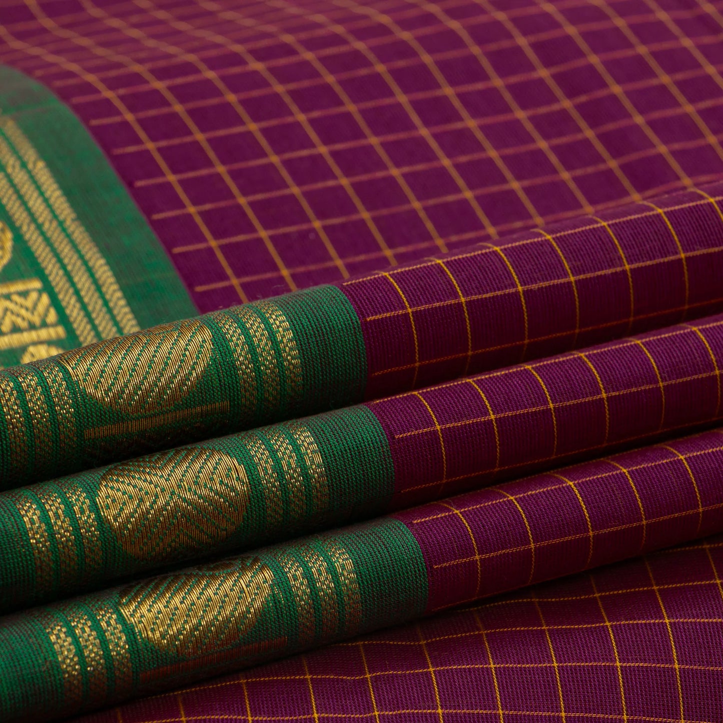 Purple And Green Kanchi Cotton Saree With Checks For Festive Wear PV MM KC 363
