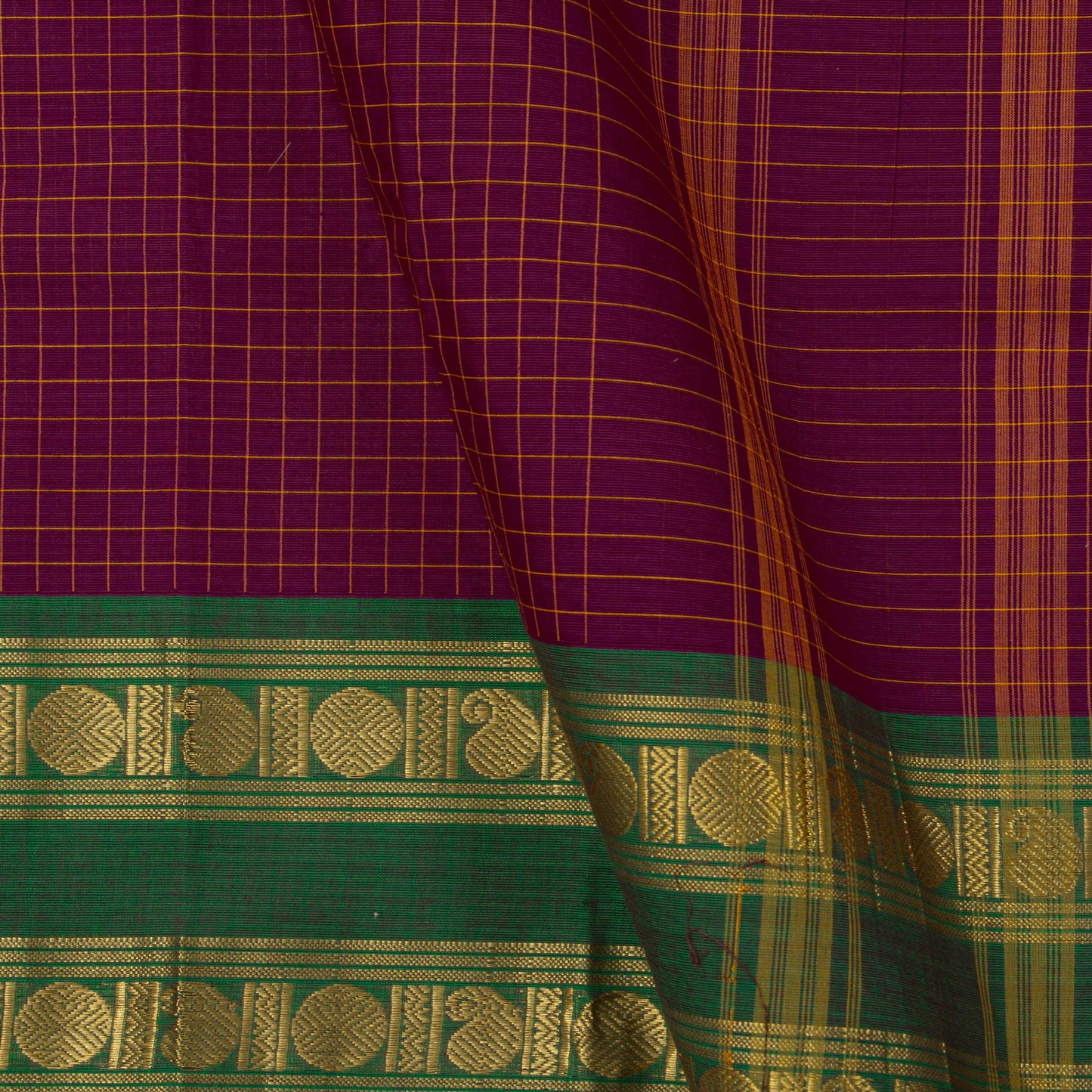 Purple And Green Kanchi Cotton Saree With Checks For Festive Wear PV MM KC 363