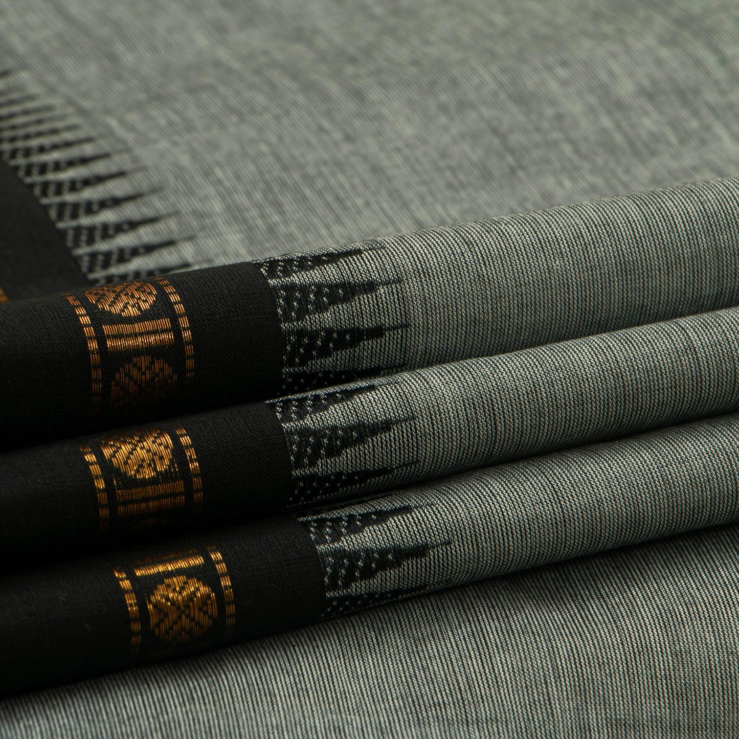 Grey And Black Kanchi Cotton Saree With Temple Border For Office Wear PV MM KC 326