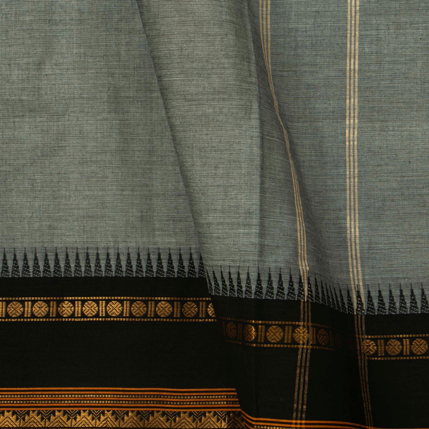 Grey And Black Kanchi Cotton Saree With Temple Border For Office Wear PV MM KC 326