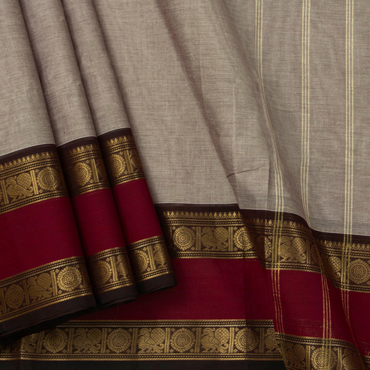 Fawn And Maroon Kanchi Cotton Saree For Festive Wear PV MM KC 374