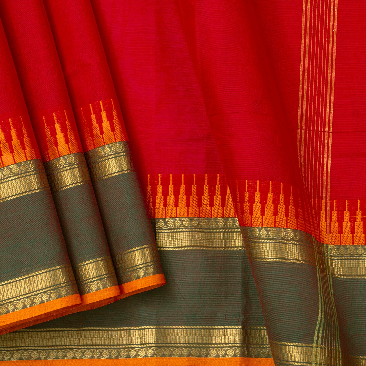 Red And Mehandi Green Kanchi Cotton Saree With Temple Border