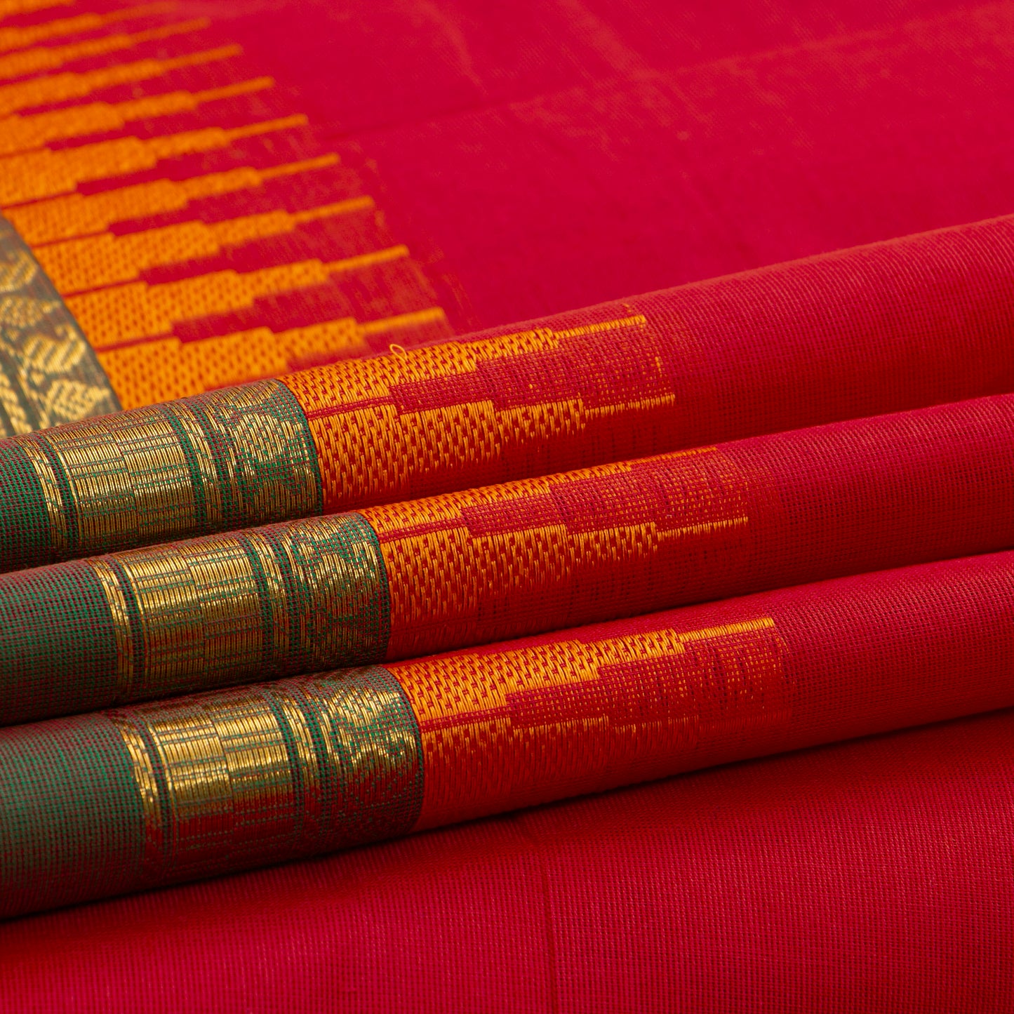Red And Mehandi Green Kanchi Cotton Saree With Temple Border