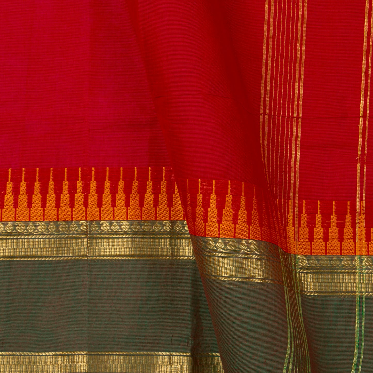 Red And Mehandi Green Kanchi Cotton Saree With Temple Border