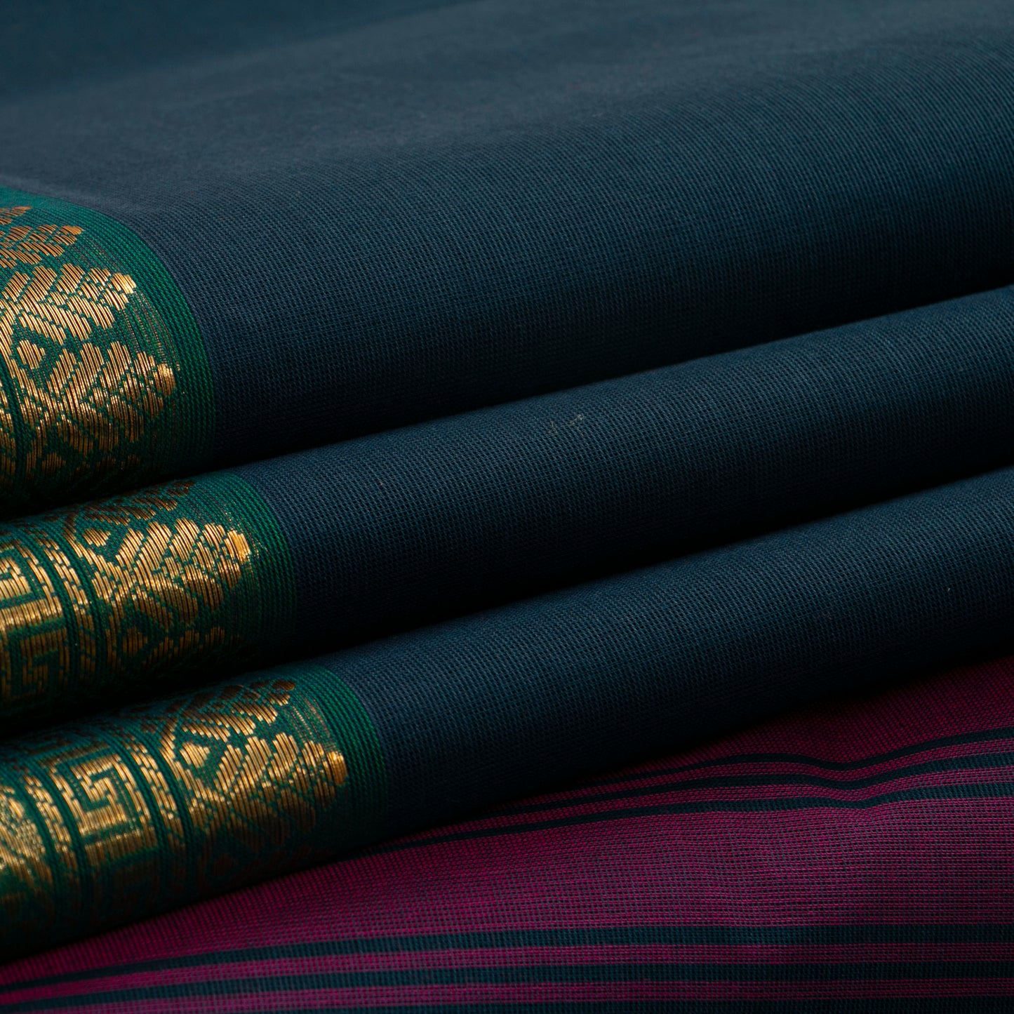 Blue Magenta And Green Kanchi Cotton Saree With Ganga Jamuna Border For Festive Wear