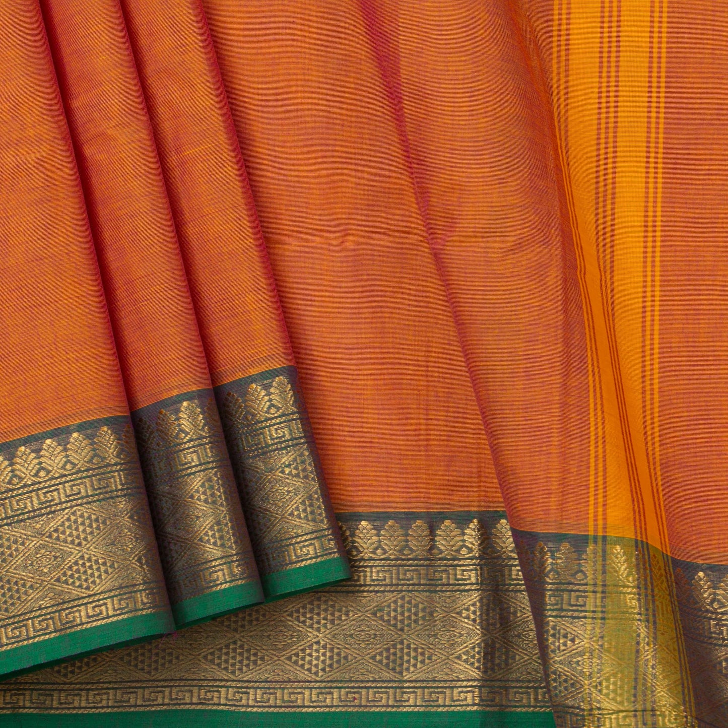 Orange And Green Kanchi Cotton Saree For Festive Wear PV MM KC 328