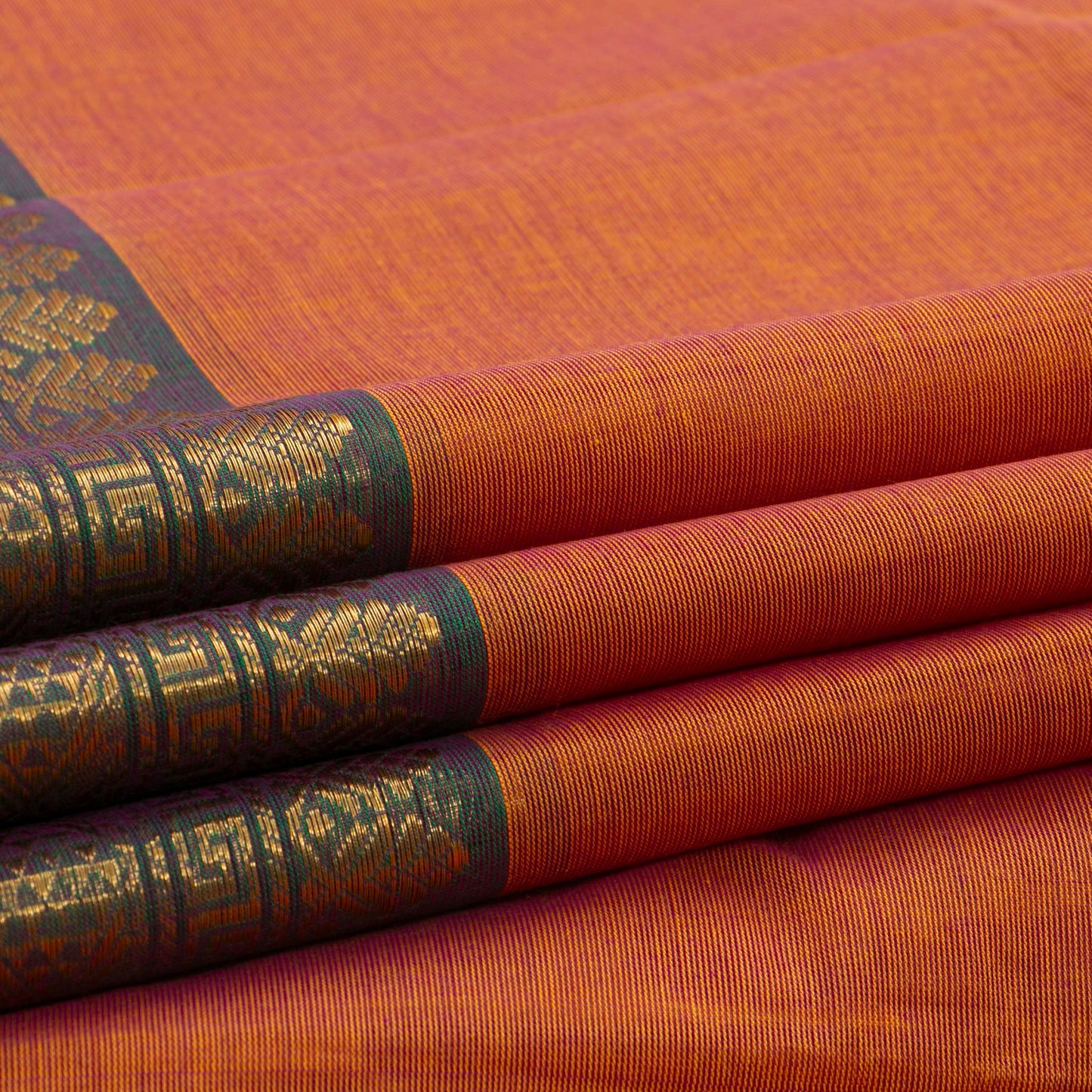 Orange And Green Kanchi Cotton Saree For Festive Wear PV MM KC 328