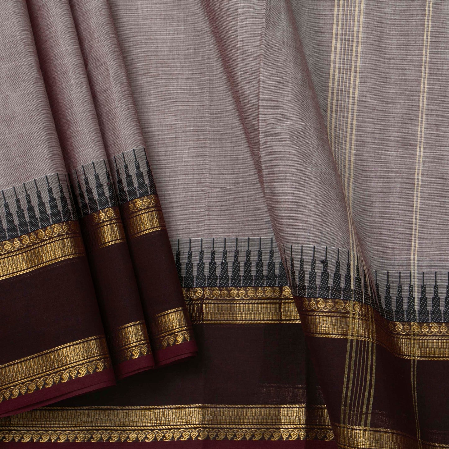 Fawn And Brown Kanchi Cotton Saree WIth Temple Border For Festive Wear PV MM KC 341