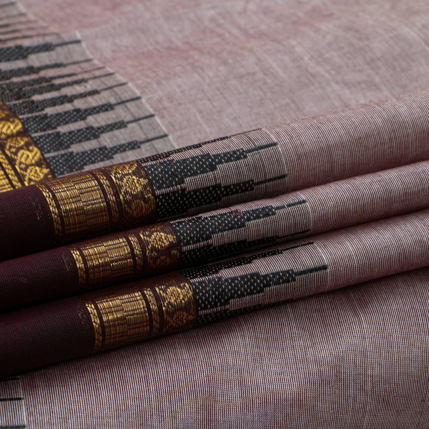 Fawn And Brown Kanchi Cotton Saree WIth Temple Border For Festive Wear PV MM KC 341