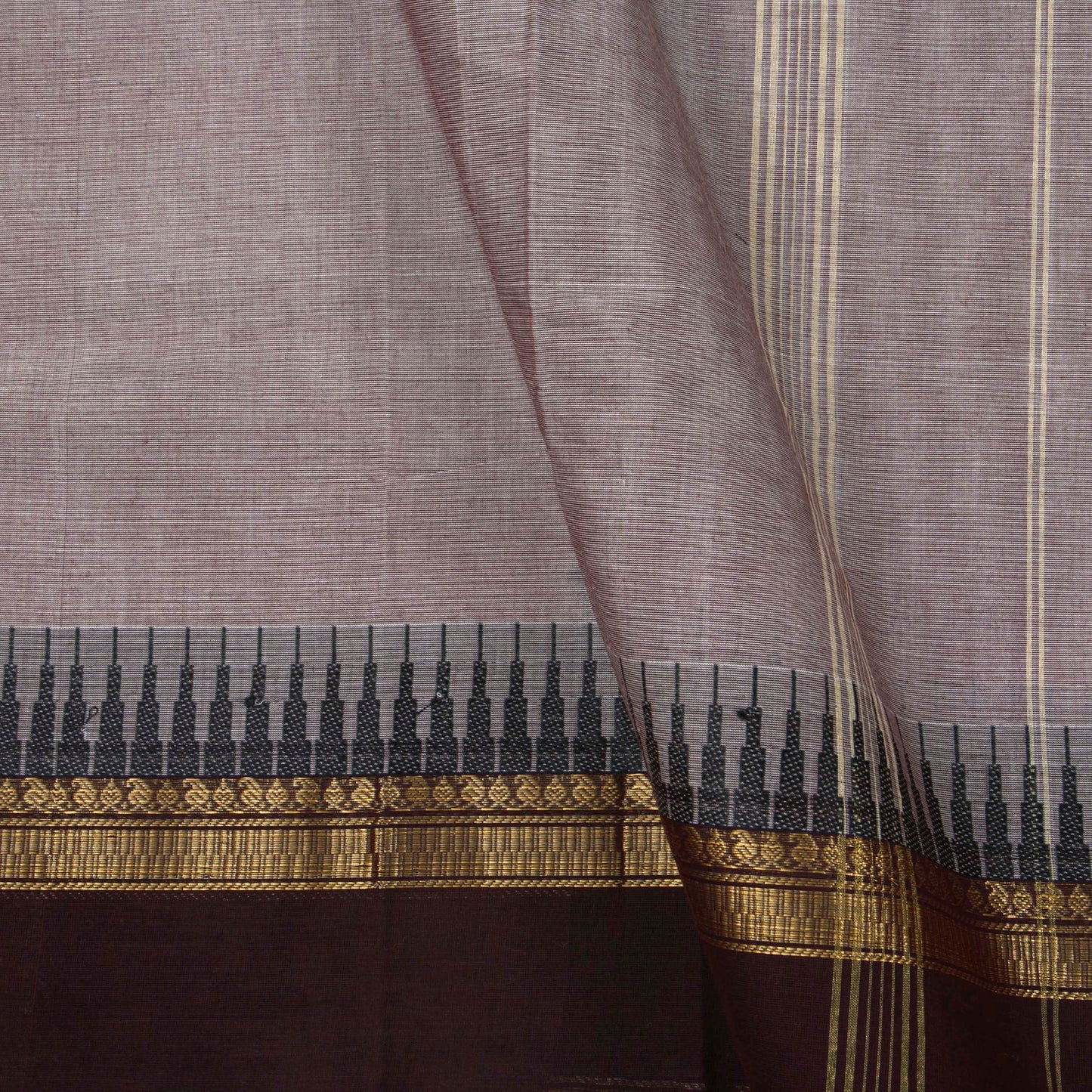 Fawn And Brown Kanchi Cotton Saree WIth Temple Border For Festive Wear PV MM KC 341