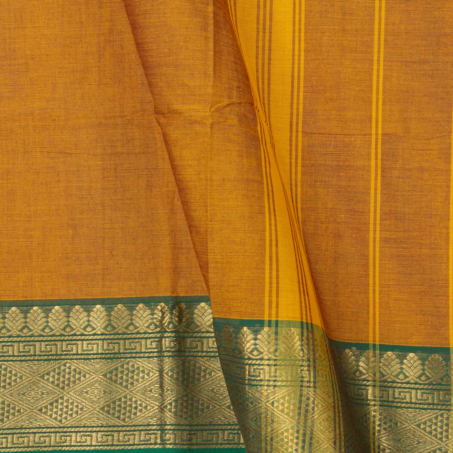 Yellow Ochre Kanchi Cotton Saree With Ganga Jamuna Border For Festive Wear PV MM KC 335