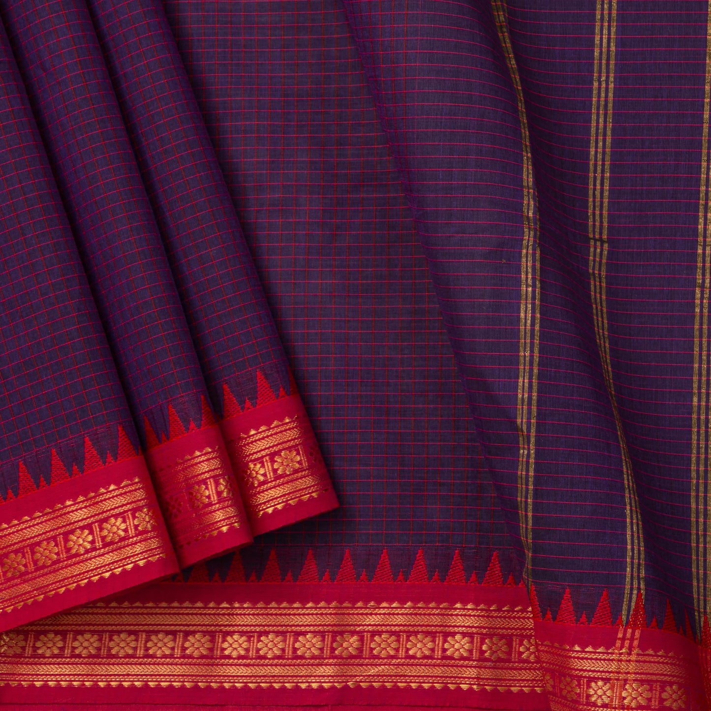 Blue And Red Kanchi Cotton Saree For Festive Wear PV MM KC 371