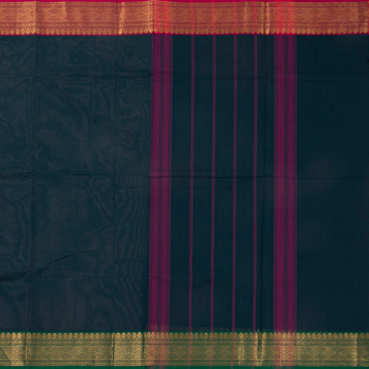 Blue Magenta And Green Kanchi Cotton Saree With Ganga Jamuna Border For Festive Wear