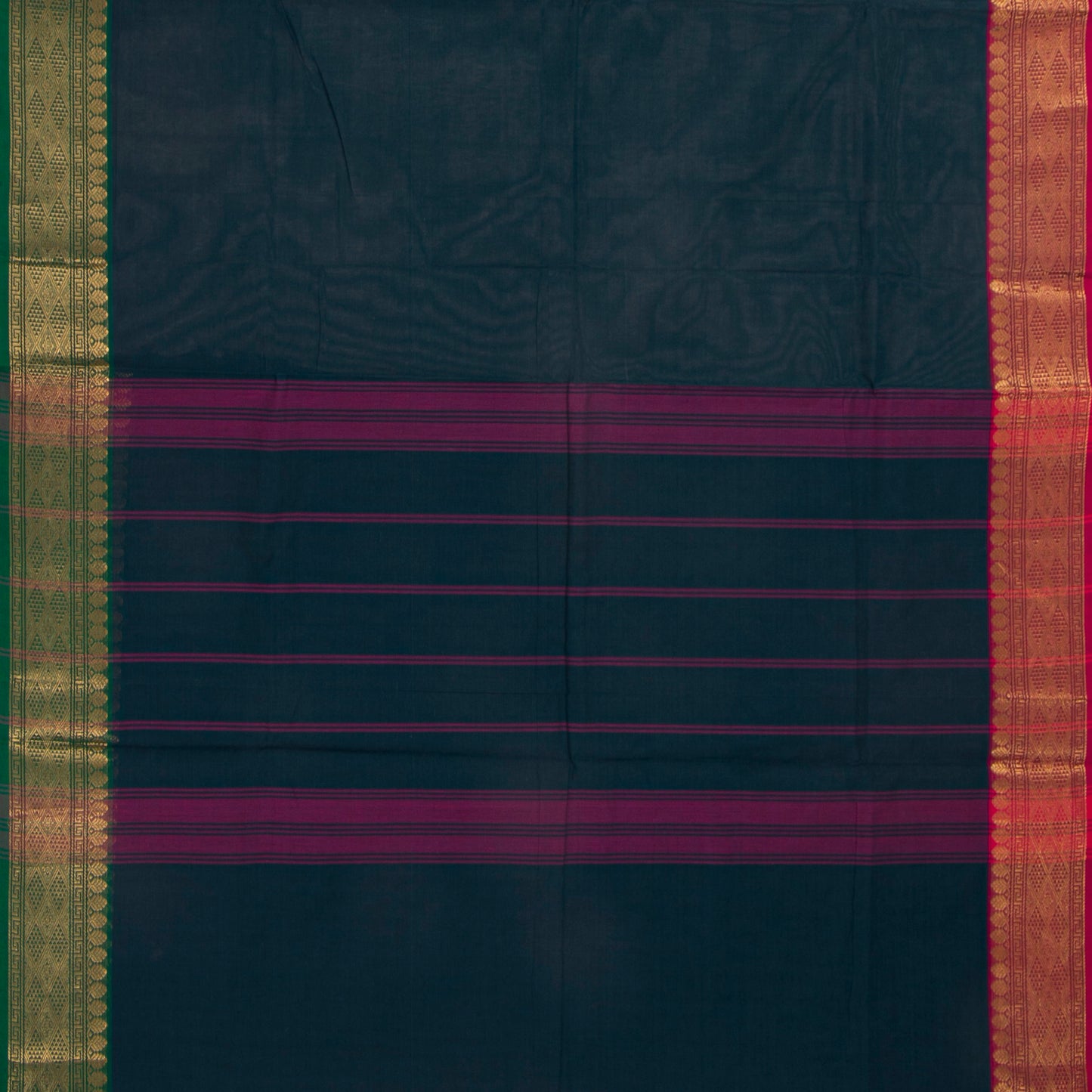 Blue Magenta And Green Kanchi Cotton Saree With Ganga Jamuna Border For Festive Wear