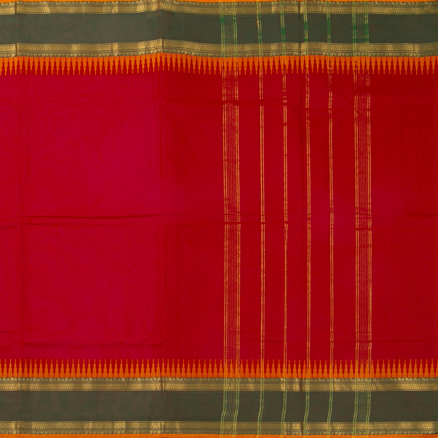 Red And Mehandi Green Kanchi Cotton Saree With Temple Border