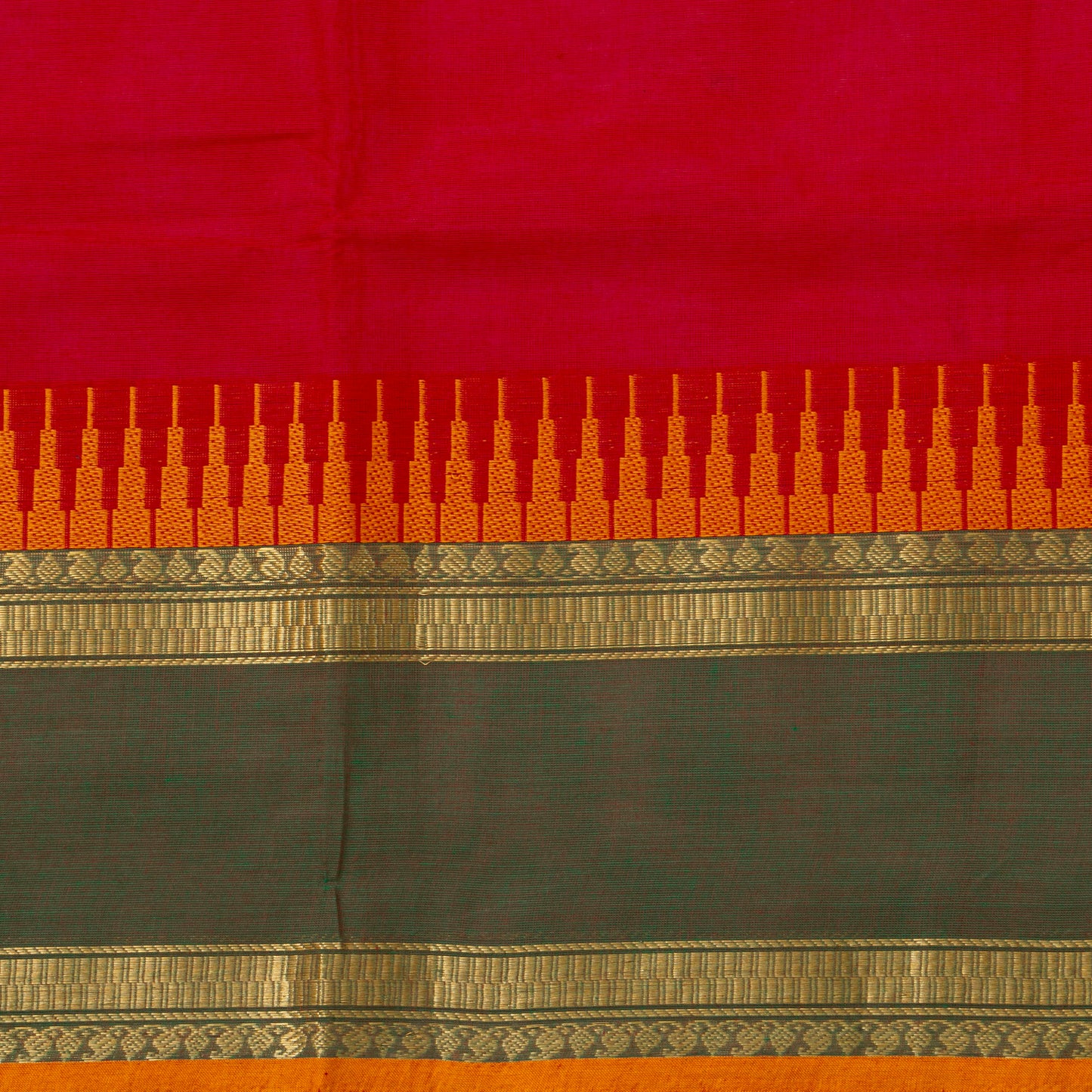 Red And Mehandi Green Kanchi Cotton Saree With Temple Border