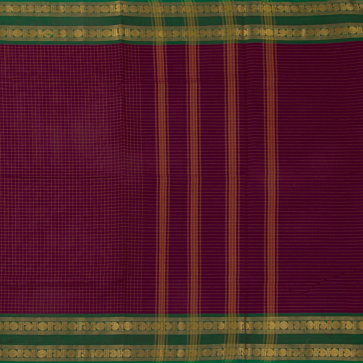 Purple And Green Kanchi Cotton Saree With Checks For Festive Wear PV MM KC 363