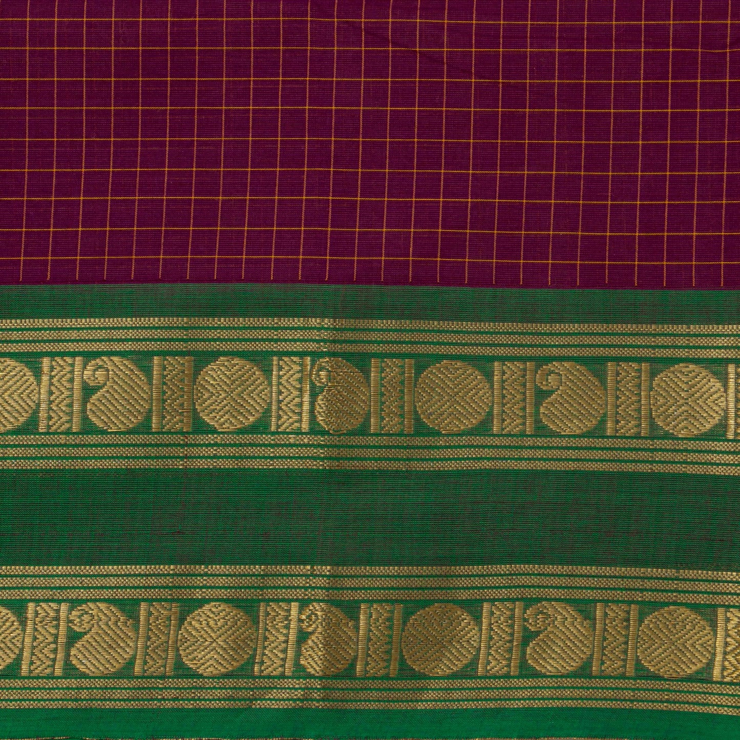 Purple And Green Kanchi Cotton Saree With Checks For Festive Wear PV MM KC 363