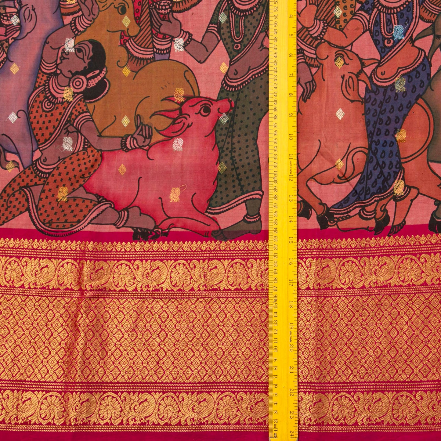 Pink and Red Handpainted Kalamkari Kanchipuram Silk Saree With Village Marketplace Theme For Festive Wear PV KAI KGS 101