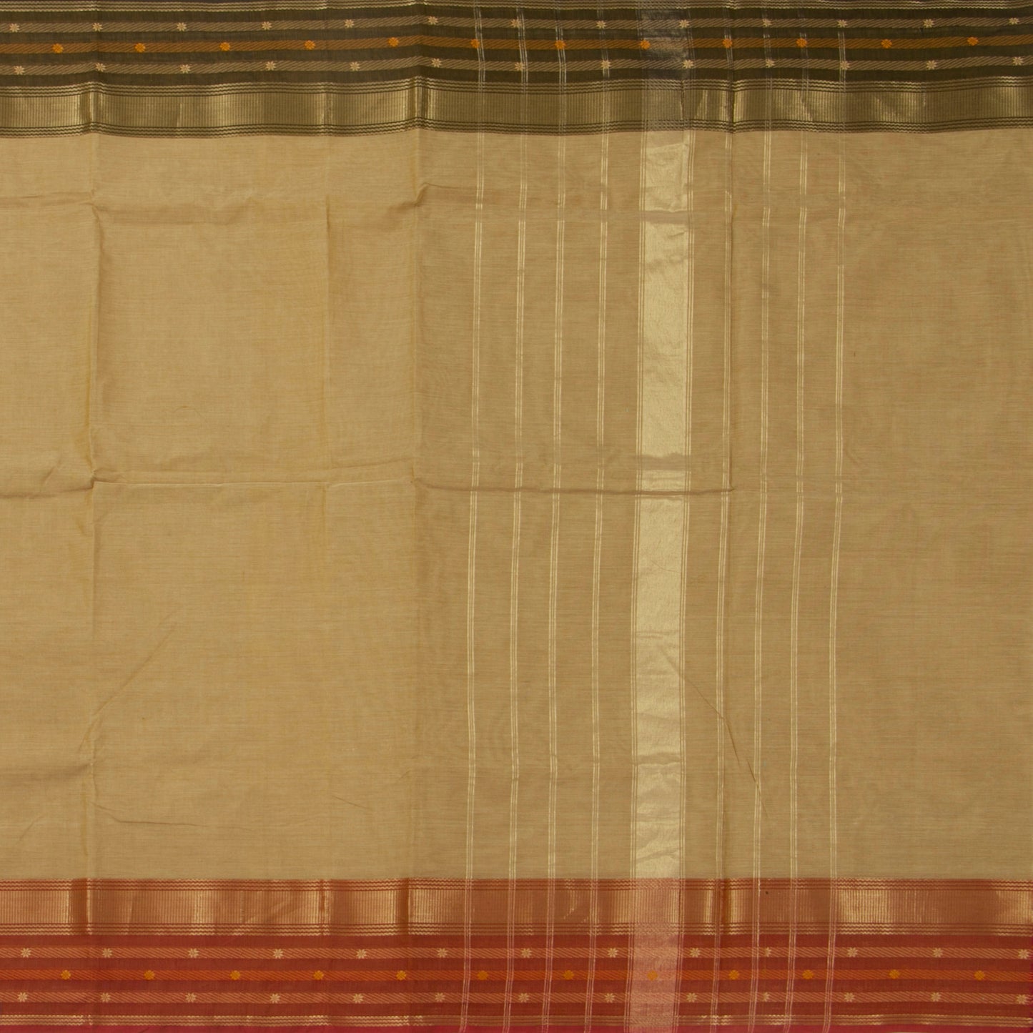 Beige, Olive And Rust Kanchi Cotton Saree With Ganga Jamuna Border For Office Wear PV MM KC 349