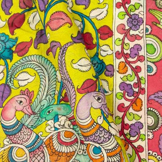 Yellow And Blue Handpainted Kalamkari Mangalgiri Silk Saree For Office Wear PV KMS SRK 107