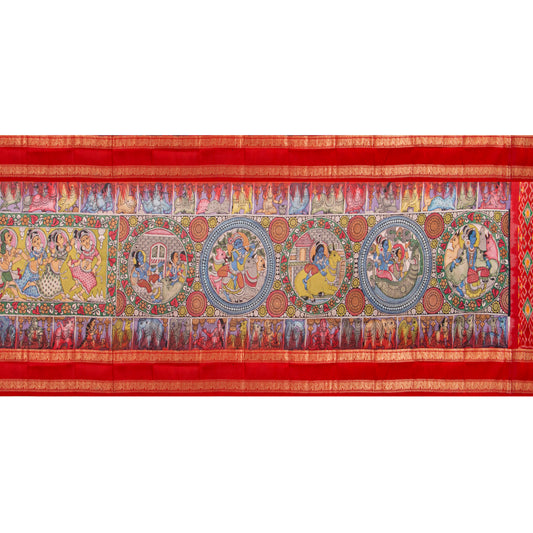 Krishna Leela Themed Handpainted Kalamkari Kanchipuram Silk Saree With Ikkat Pallu For Office Wear PV KAI IKS 101 - Kalamkari Silk - Panjavarnam PV KAI IKS 101